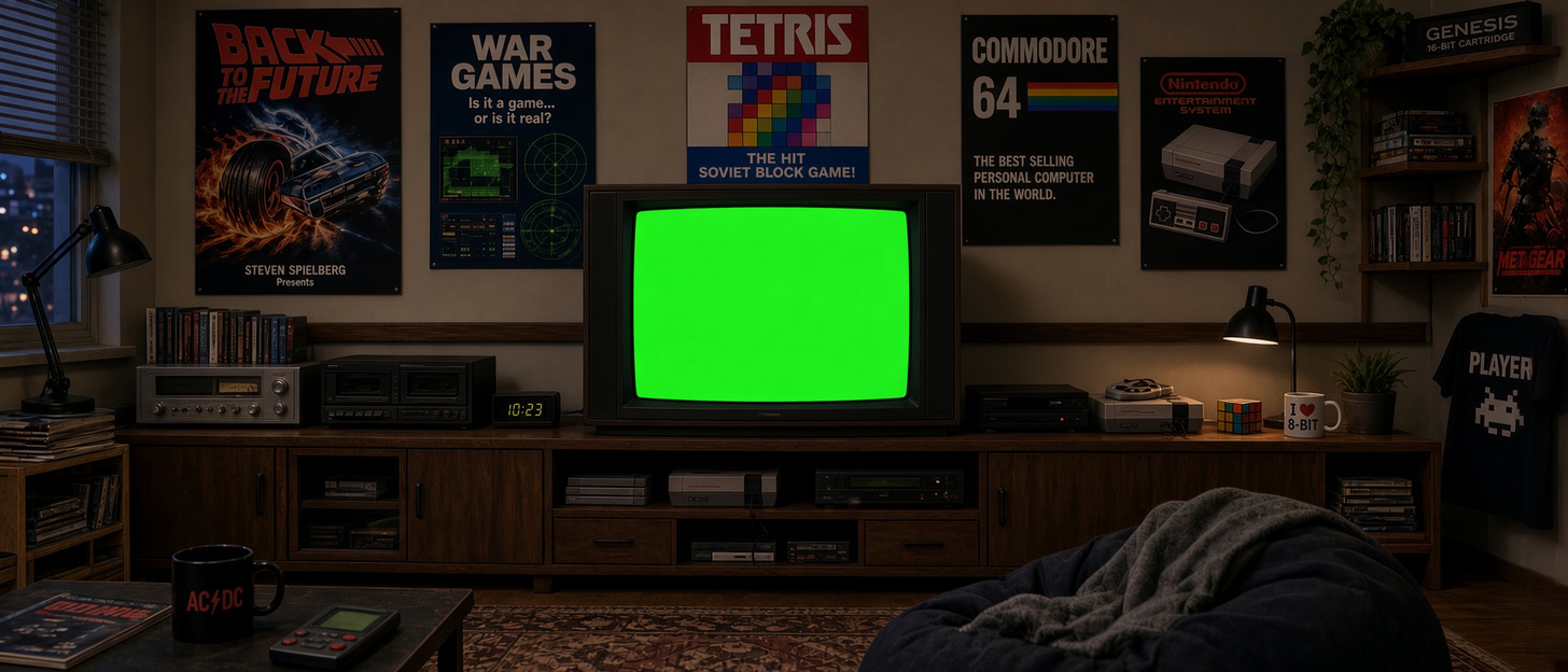 A 1986 bedroom: posters, shelves of cartridges, a CRT television.
